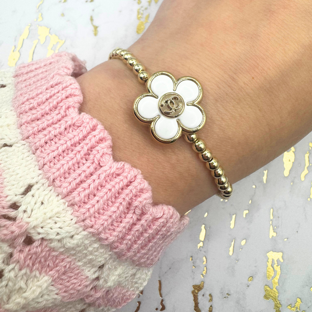 Upcycled Daisy Chanel 4MM Gold Beaded Bracelet: 6.5"