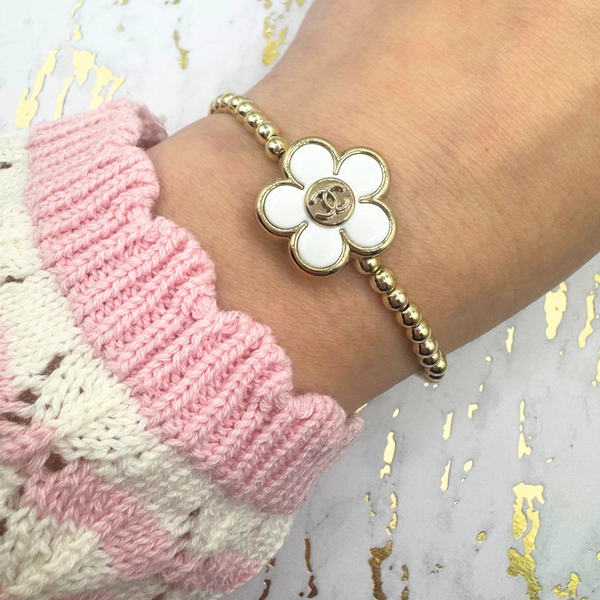 Upcycled Daisy Chanel 4MM Gold Beaded Bracelet: 6.5"