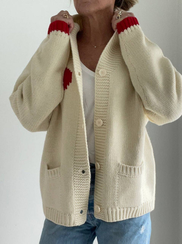 Varsity Chunky Heart Cardigan in Ivory/Red. M/L