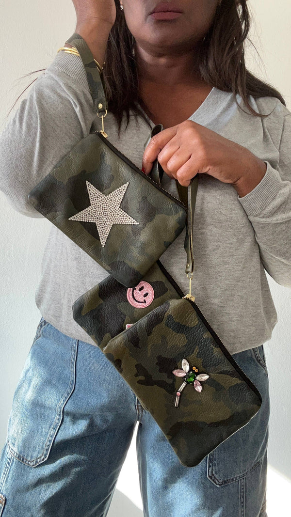 Trendy Camo Leather Wristlet with Patches: Star