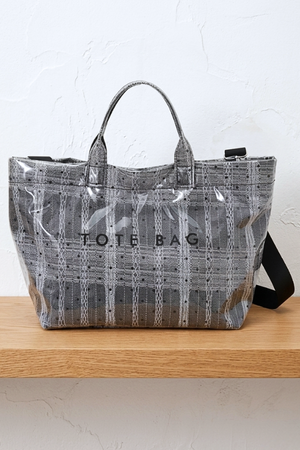 Gray Plaid Polka Dot Vinyl TOTE BAG with Strap