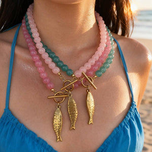 Koi Fish Statement Necklace | Coastal Summer Jewelry: Pink ,Turquoise or Hot Pink Bead