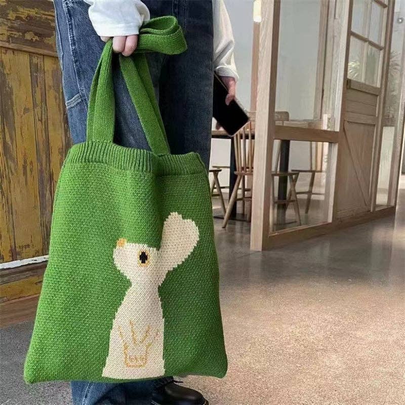 Crocheted Bunny Tote Bag - Cute and Casual Fashion Accessory: GREEN