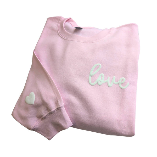 LOVE Sweater Puff Print Valentines Day Crewneck: Light Pink / Small