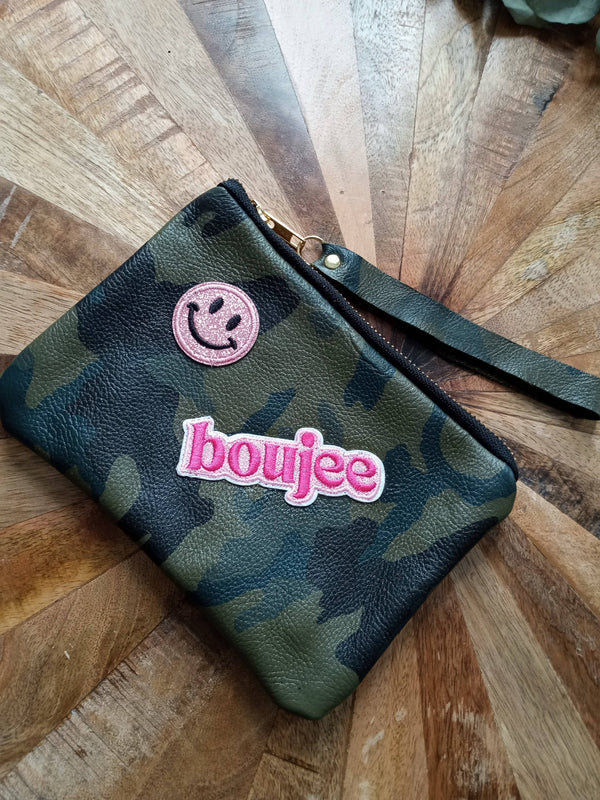 Trendy Camo Leather Wristlet with Patches: Star