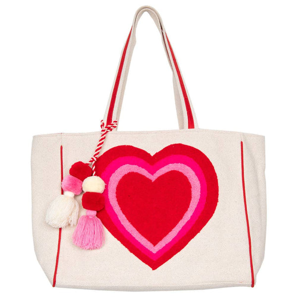 Beating Heart Chenille Beach Bag Tote: Beige Canvas