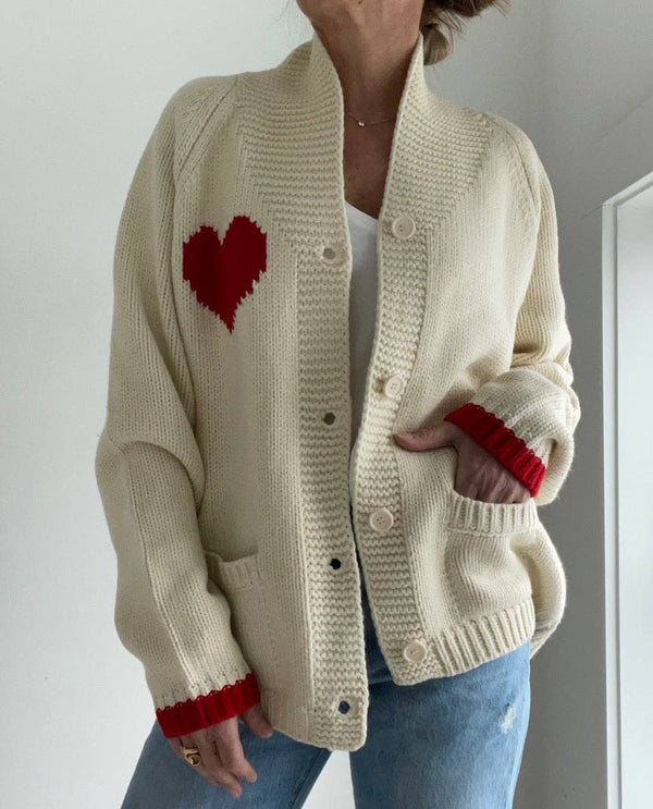 Varsity Chunky Heart Cardigan in Ivory/Red. M/L
