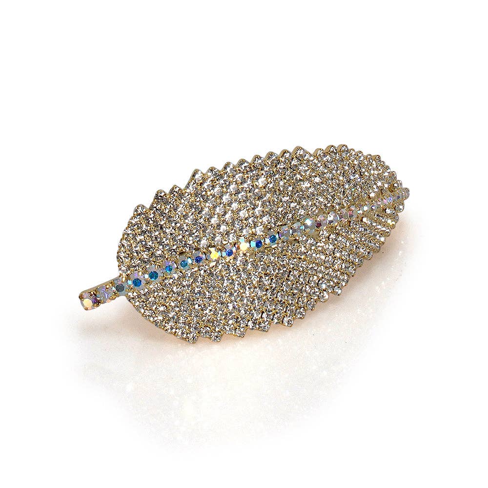 FEATHER CRYSTAL FRENCH BARRETTE: Gold