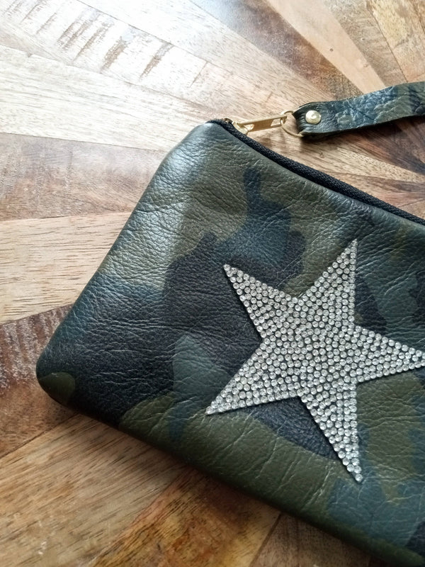 Trendy Camo Leather Wristlet with Patches: Star