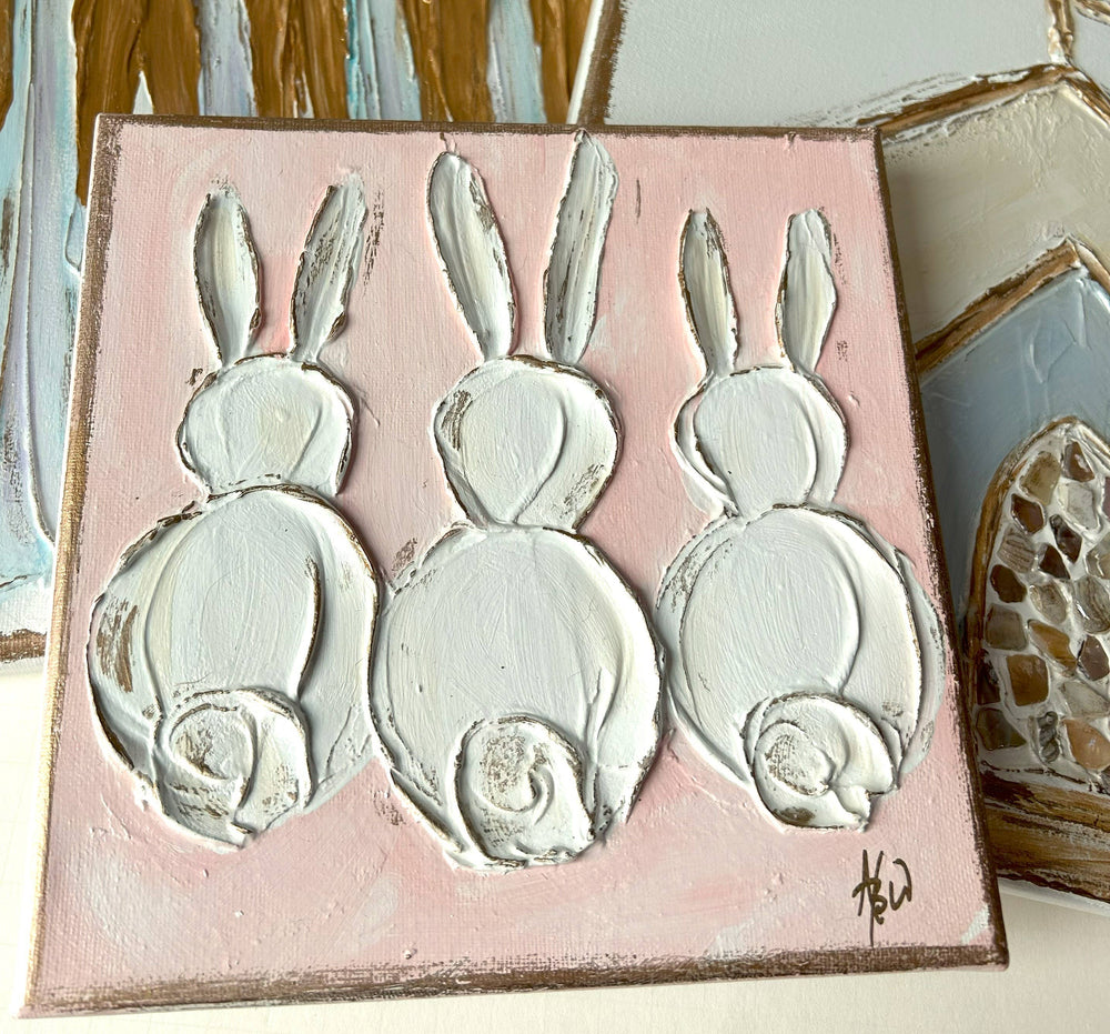 Bunny Trio  canvas  painted & textured  nursery | Easter: Sage blue