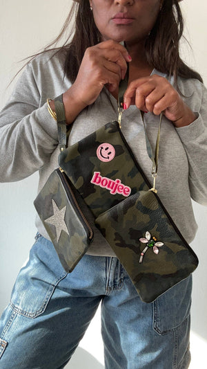 Trendy Camo Leather Wristlet with Patches: Star
