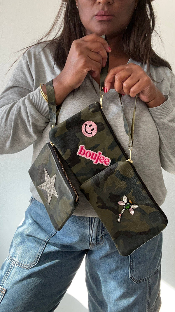 Trendy Camo Leather Wristlet with Patches: Star