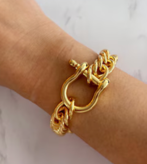Horse Bit Carabiner Cuban Bracelet- Equestrian Steel: Yellow Gold