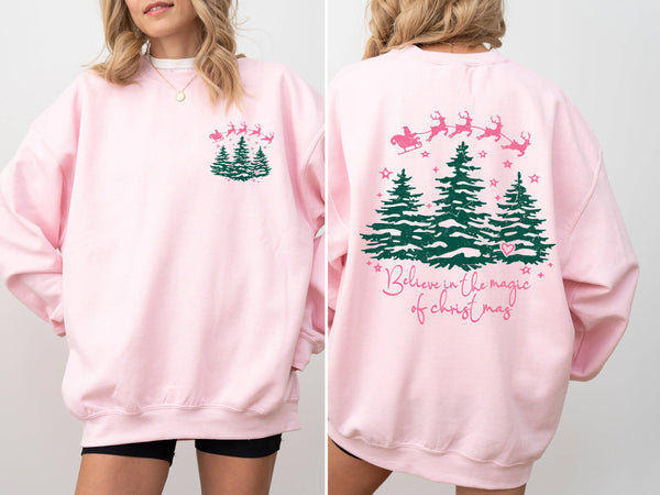 Believe In The Magic Of Christmas Santa Tree Snow Sweatshirt: Light Pink / Small