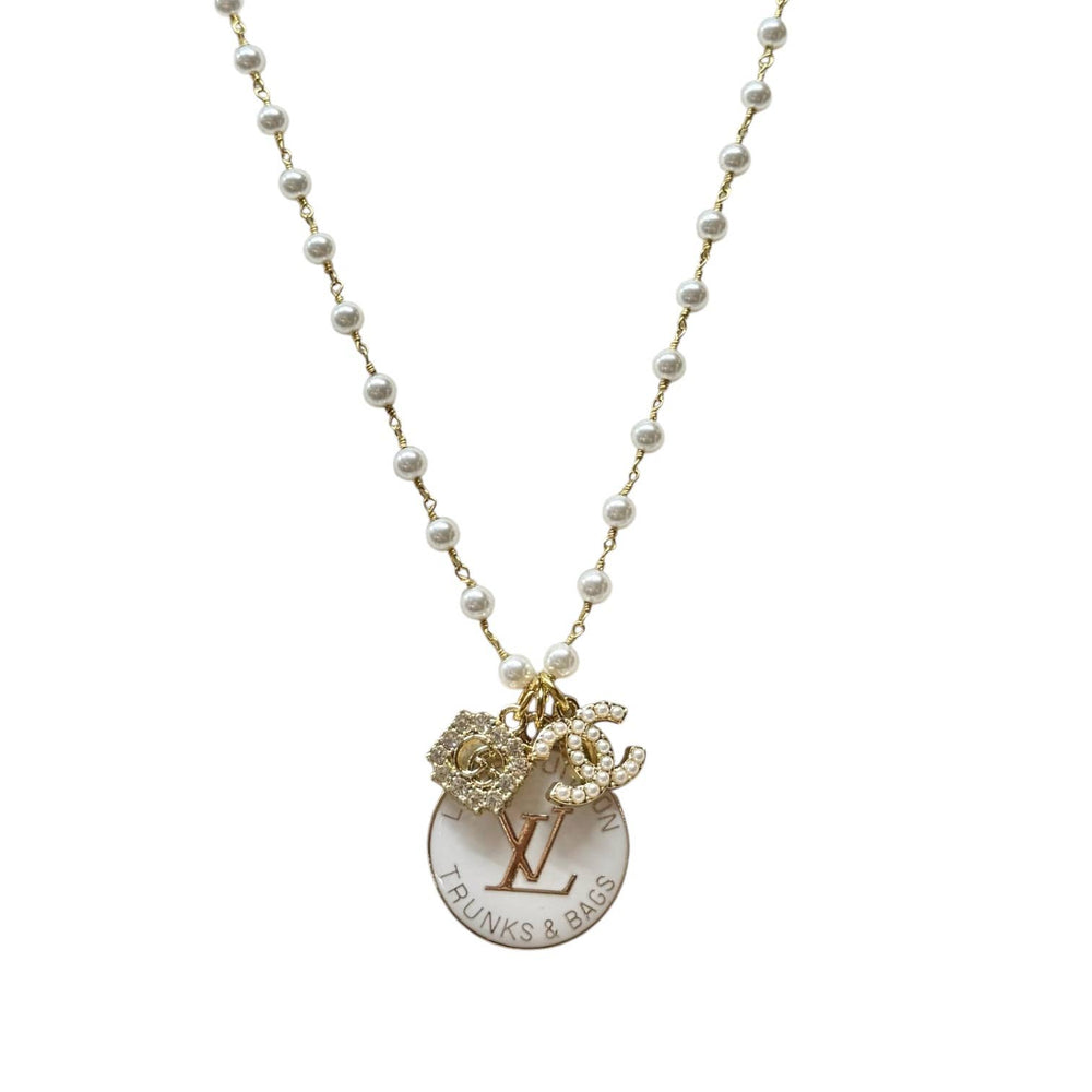 Repurposed Vintage Pearl Louis Vuitton Rhinestone Necklace
