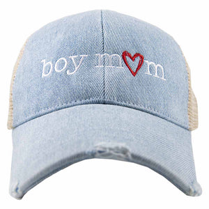 Boy Mom (Red Heart) Denim Trucker Hat: Denim Blue