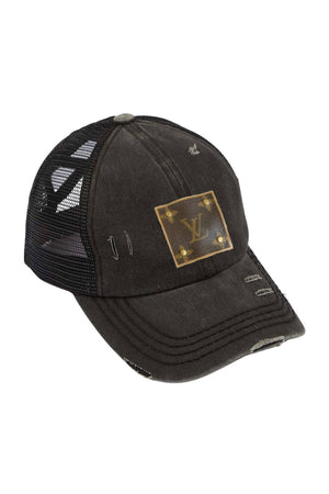 LV Up-Cycled Distressed Trucker Cap: Black