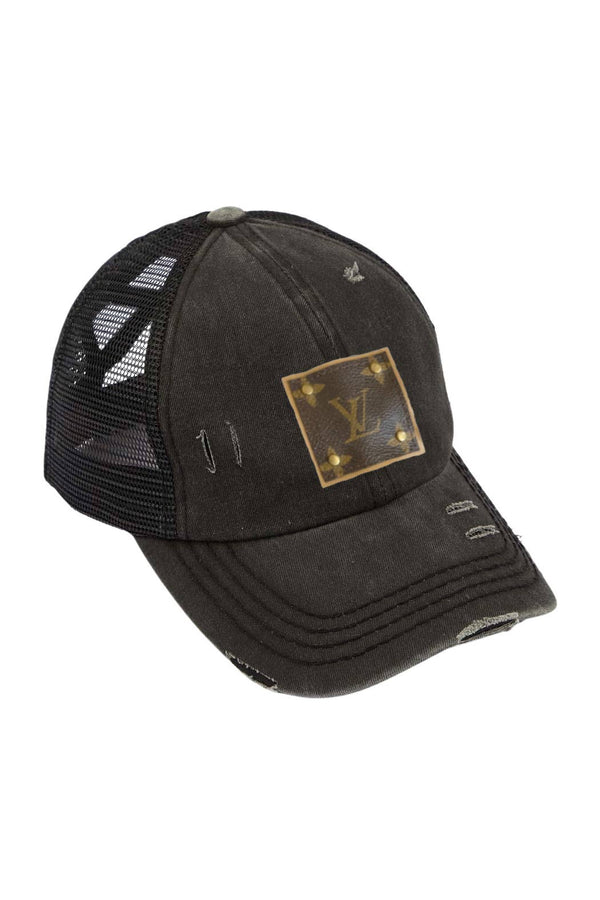 LV Up-Cycled Distressed Trucker Cap: Black