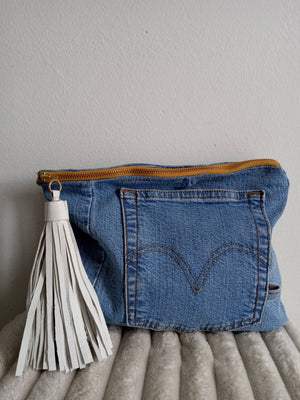 Upcycled Denim Clutch with White Tassel