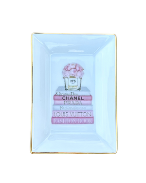 Book Stack Chinoiserie Porcelain Trinket Tray, Pink