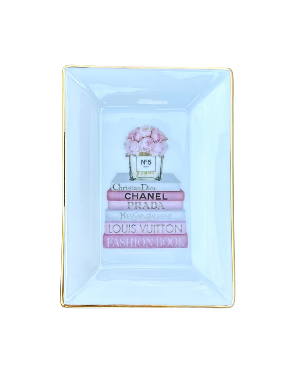 Book Stack Chinoiserie Porcelain Trinket Tray, Pink