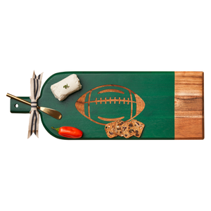 Acacia Bevel Board Long Green w/ Gold Spreader & Ribbon | Football | 20 x 7"