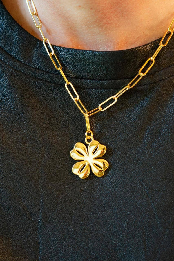 Gold Shamrock Charm Necklace with Paper Clip Chain - 18k Gold Plated - WS