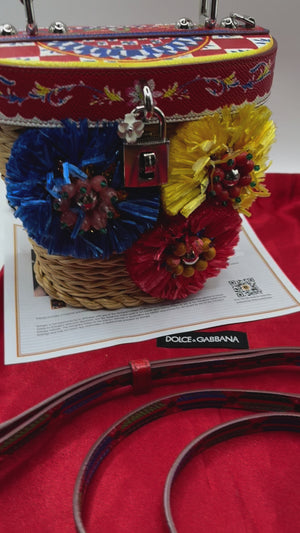 Dolce & Gabbana Multicolour Printed leather & Raffia Embellished top handle basket bag