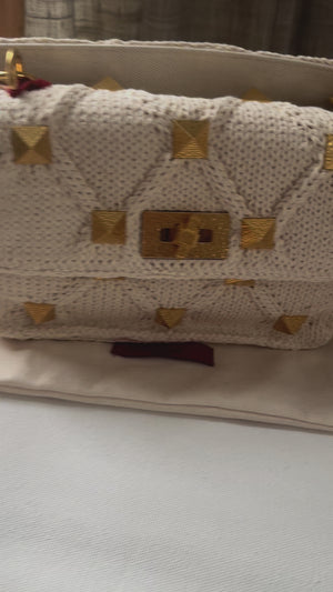 Valentino Off White Knitted Fabric Roman Stud Top Handle Bag