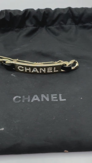 Chanel vintage leather & silver barrette with crystal Chanel name