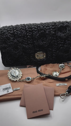 Miu Miu black raffia shoulder/crossbody bag with crystal embellish strap